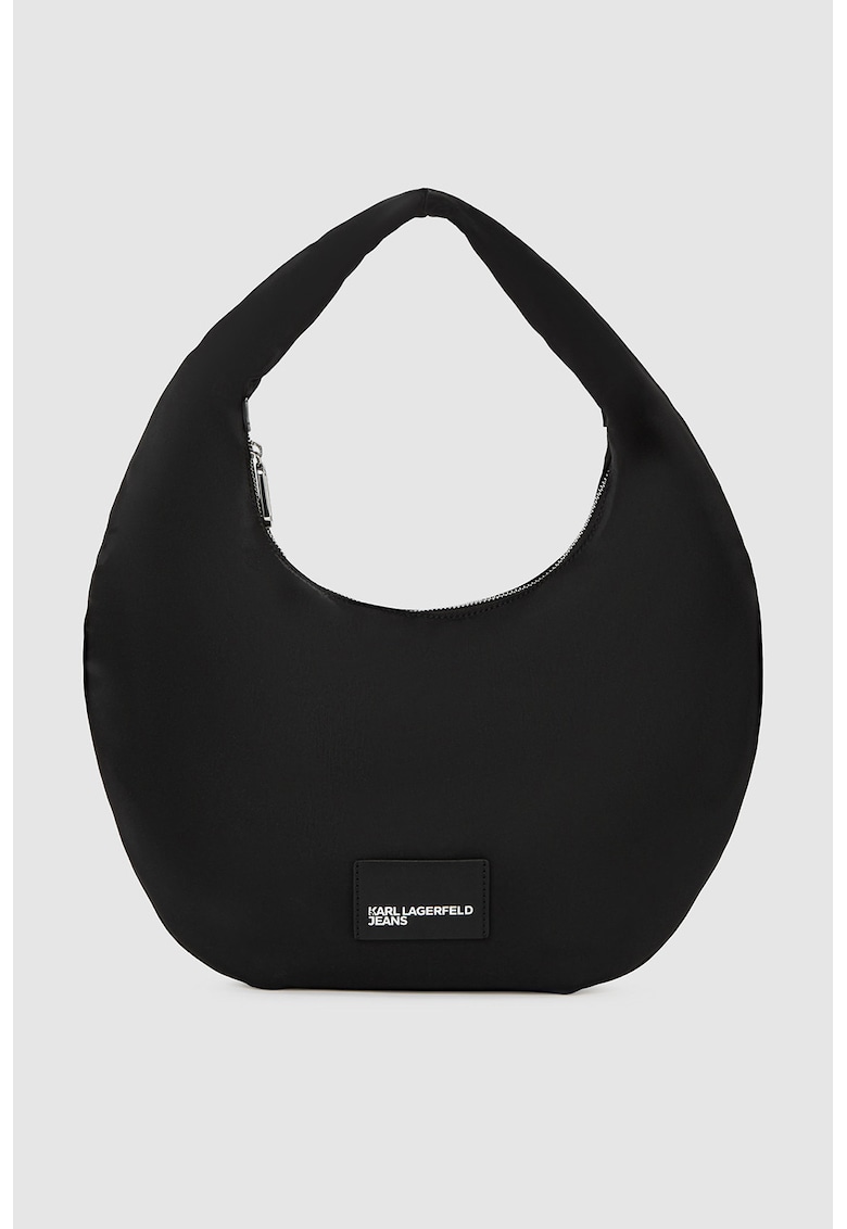 Geanta din material textil cu bareta de umar si logo brodat aplicat