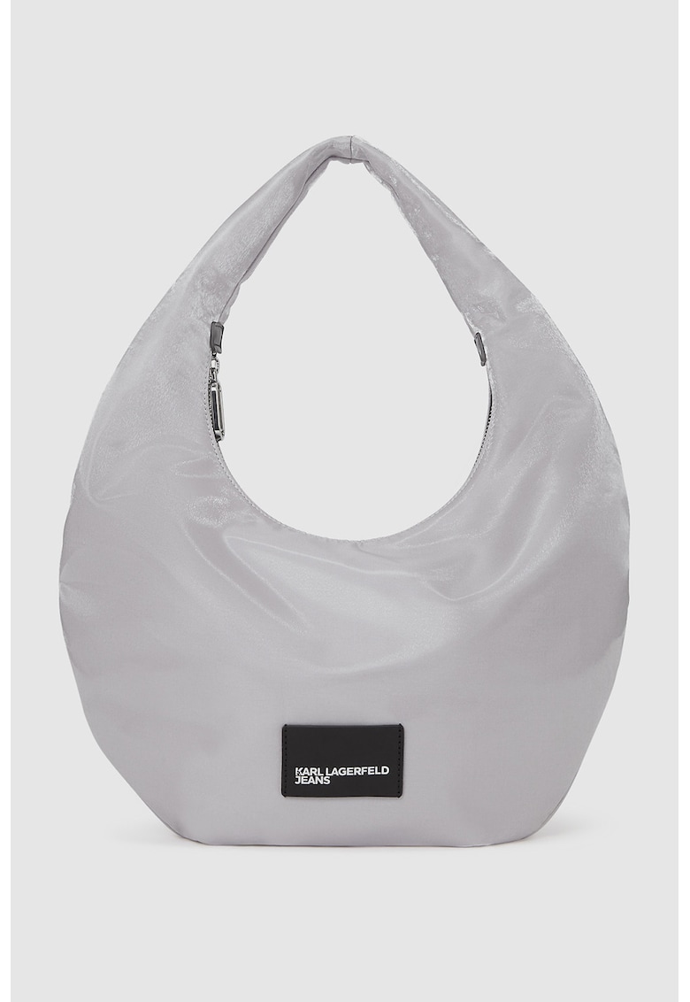 Geanta din material textil cu bareta de umar si logo brodat aplicat