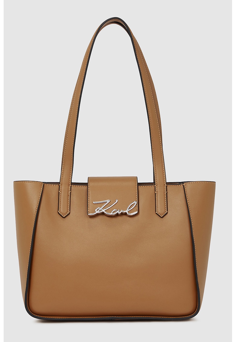 Geanta din piele cu bareta de umar si logo metalic