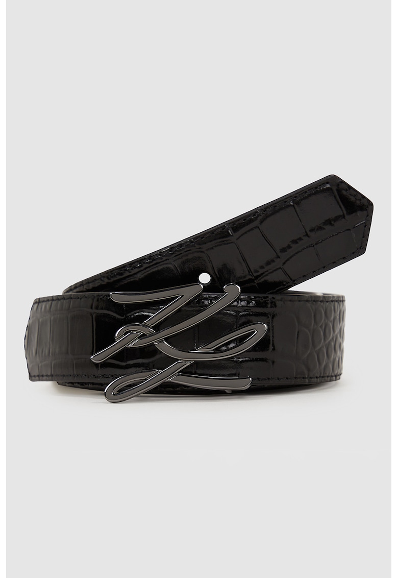 Curea de piele lacuita cu catarama cu logo - Negru