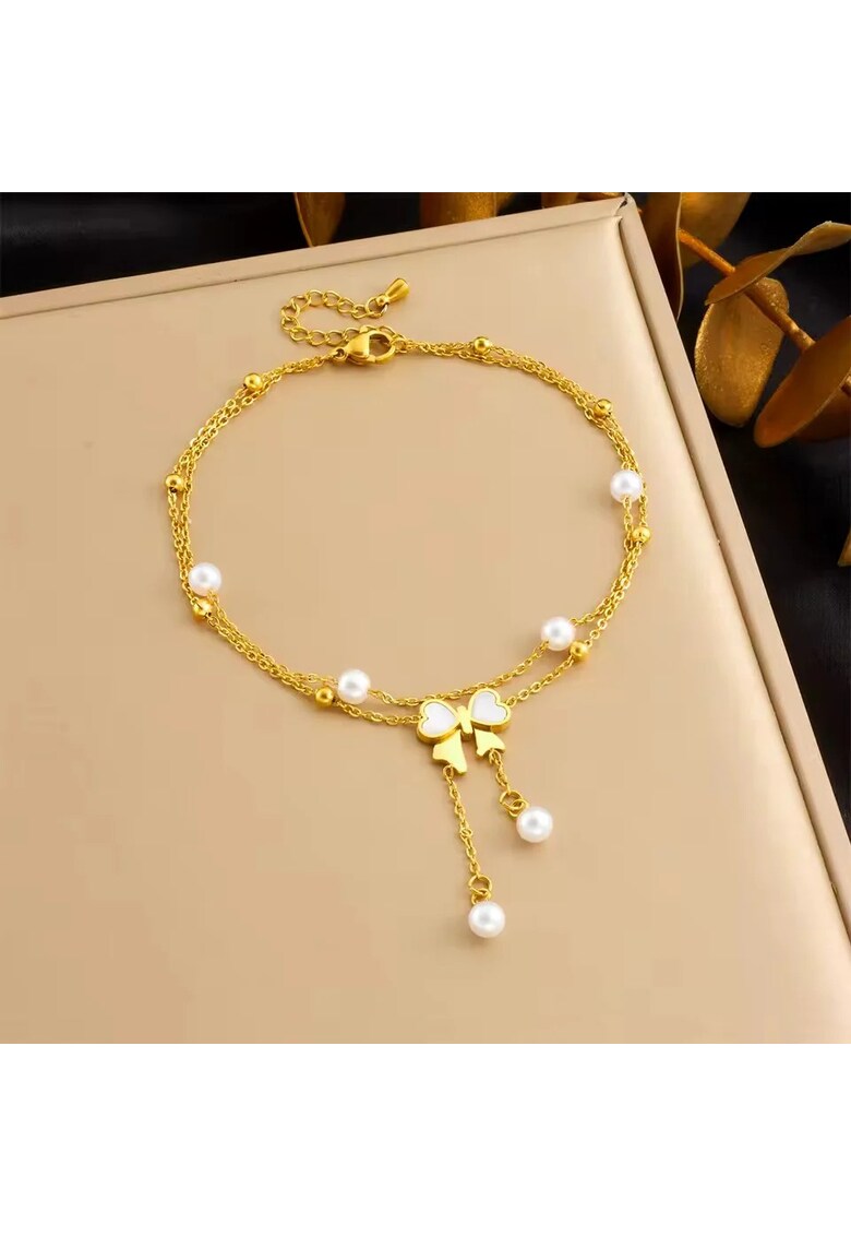 Bratara de picior - aurie - din otel inoxidabil - suflata cu aur 18k - cu perlute si fundita - Aaliyah C4