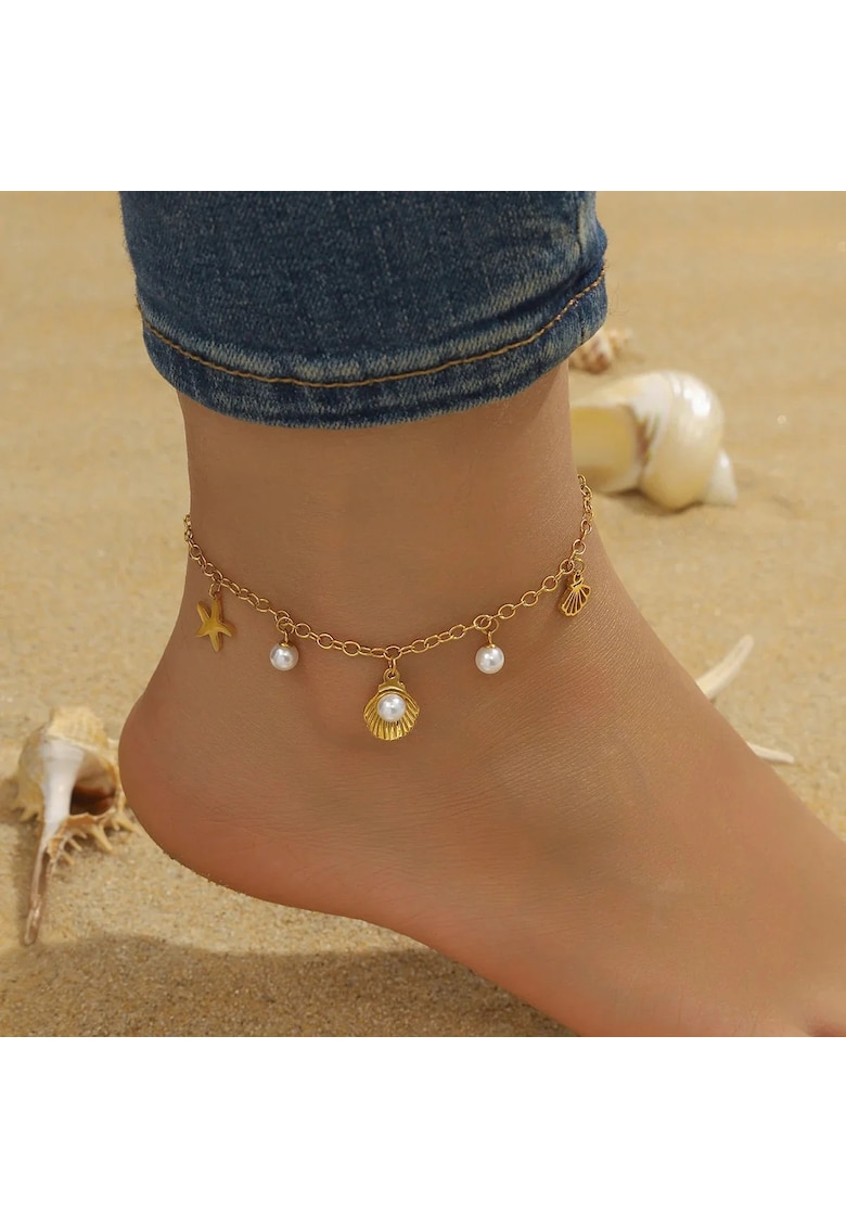Bratara de picior - aurie - din otel inoxidabil - suflata cu aur 18k - cu motive marine si perle - Abbey C4