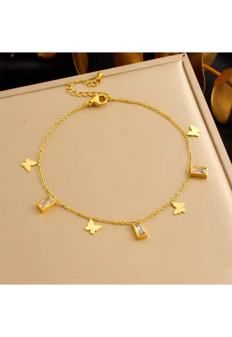 Bratara de picior - aurie - din otel inoxidabil - suflata cu aur 18k - cu fluturasi si pietre - Aapo C4