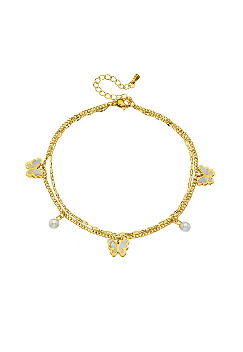 Bratara de picior - aurie - din otel inoxidabil - suflata cu aur 18k - cu fluturasi si perle - Abbie C4