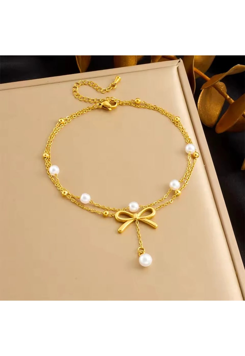 Bratara de picior - aurie - din otel inoxidabil - suflata cu aur 18k - cu fundita si perlute - Ada C4