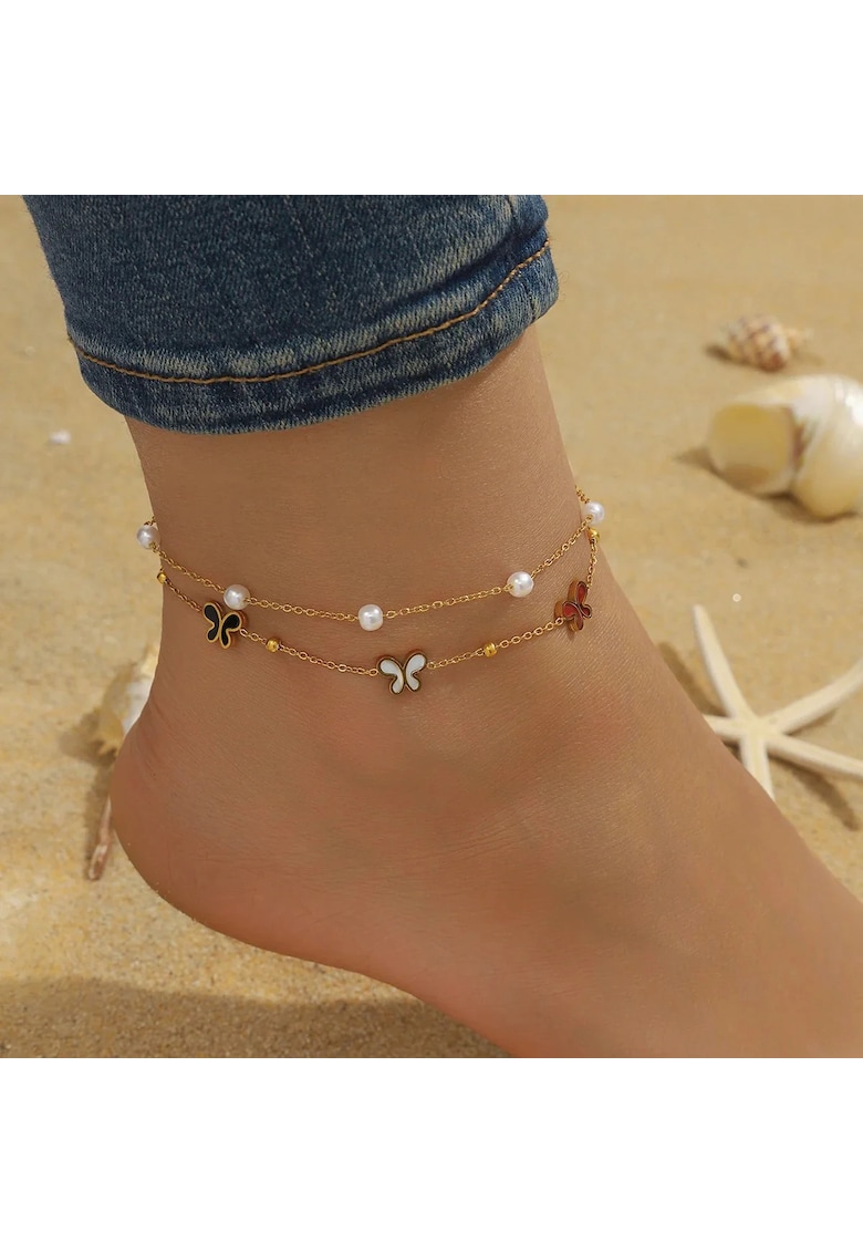 Bratara de picior - aurie - din otel inoxidabil - suflata cu aur 18k - cu fluturasi si perlute - Adalia C4