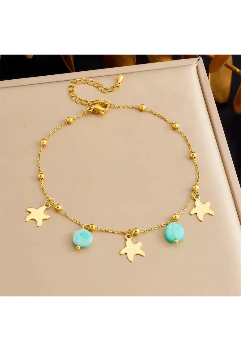 Bratara de picior - aurie - din otel inoxidabil - suflata cu aur 18k - cu stelute de mare si pietre turquoise - Adonika C4