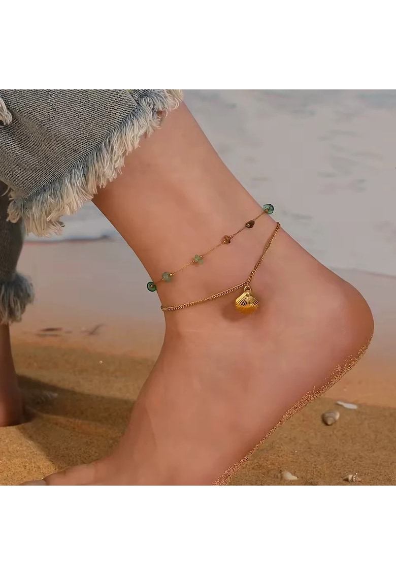 Bratara de picior - aurie - din otel inoxidabil - suflata cu aur 18k - cu pietricele verzi si scoica - Adrienne C4 Bratara de picior - aurie - din otel inoxidabil - suflata cu aur 18k - cu pietricele verzi si scoica - Adrienne C4