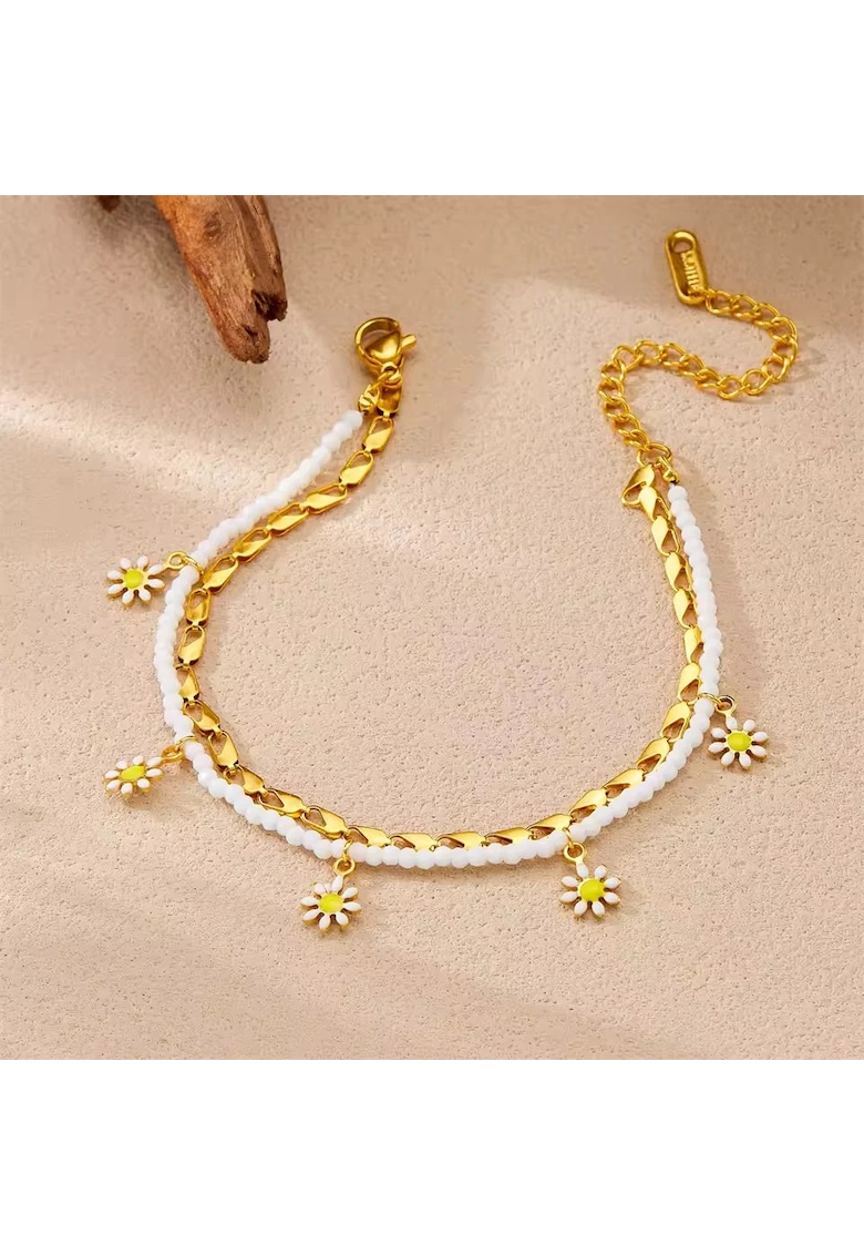 Bratara de picior - aurie - din otel inoxidabil - suflata cu aur 18k - cu margelute si floricele - Afrodite C4