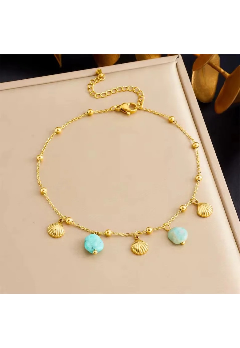Bratara de picior - aurie - din otel inoxidabil - suflata cu aur 18k - cu scoici metalice si pietre turquoise - Aegir C4