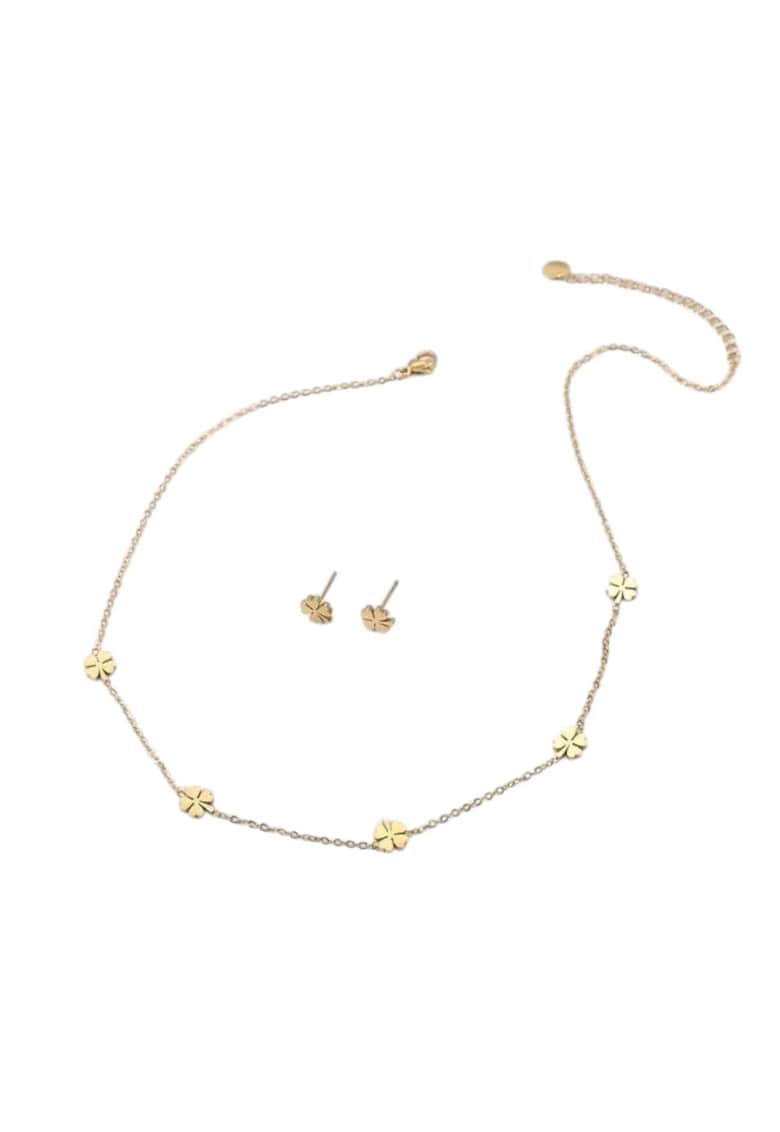 Set colier si cercei - auriu - din otel inoxidabil - suflat cu aur 18k - cu trifoi stilizat - Chloe C2