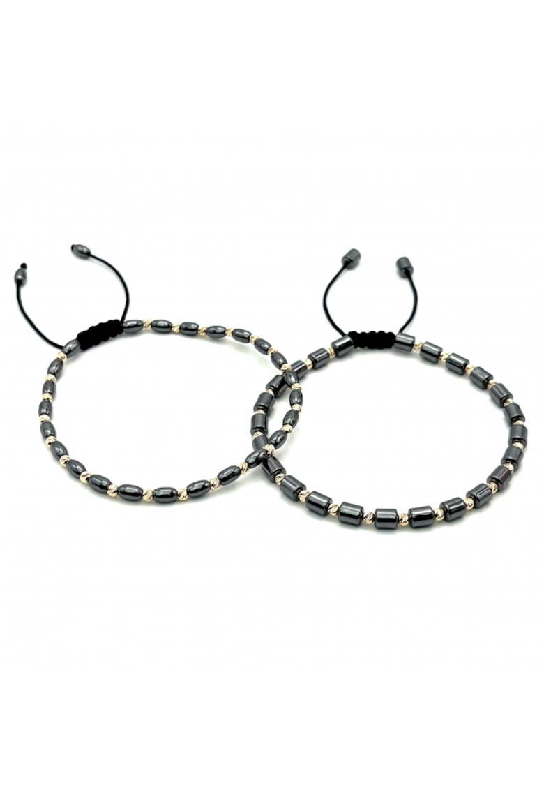 Set doua Bratari cu bile din AUR 14K si Hematit - reglabile - barbat
