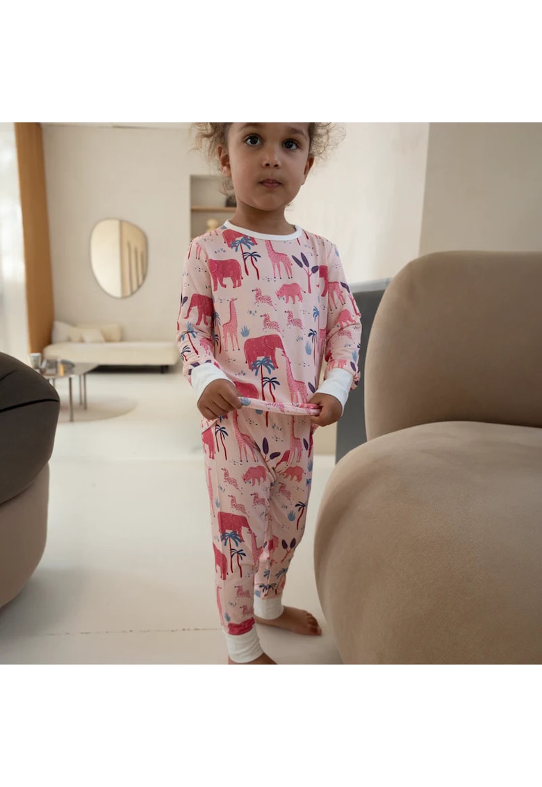 Pijamale 2 piese - material din bambus -  - Pink Safari - Roz cu Elefanti - pentru fetite