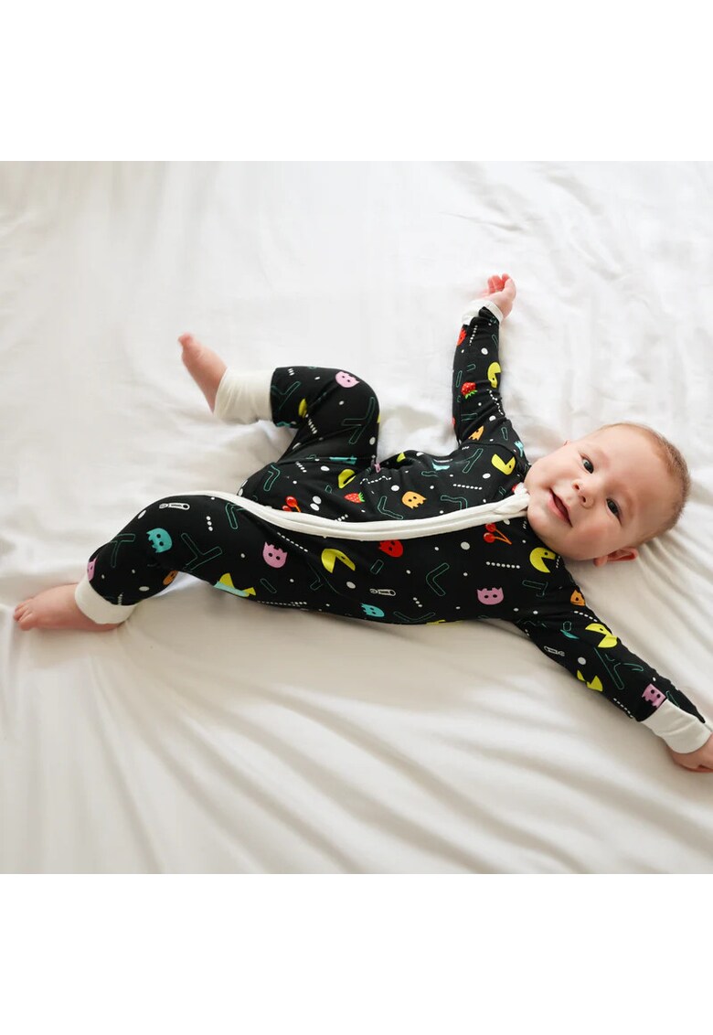 Pijamale lungi din bambus cu fermoar reversibil -  - PacMan - Verde Inchis - pentru fetite si baietei