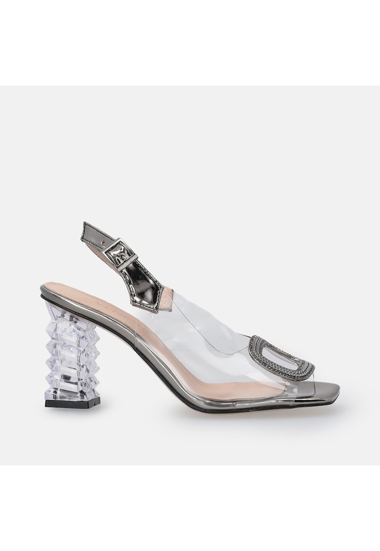 Sandale cu toc sculptural si segmente transparente