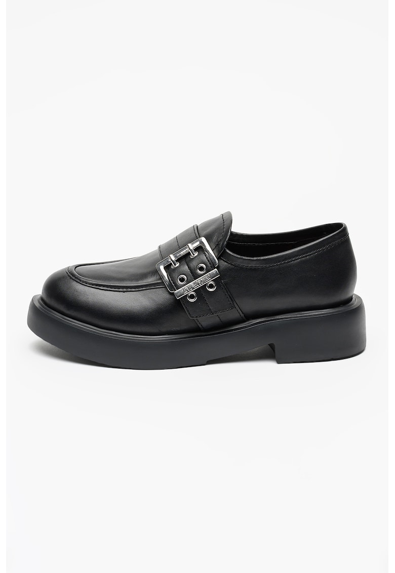 Pantofi loafer din piele cu catarama decorativa City - Negru/Argintiu