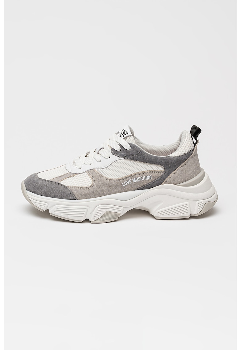 Pantofi sport masivi de piele intoarsa si plasa - Gri deschis/Alb optic/Gri inchis