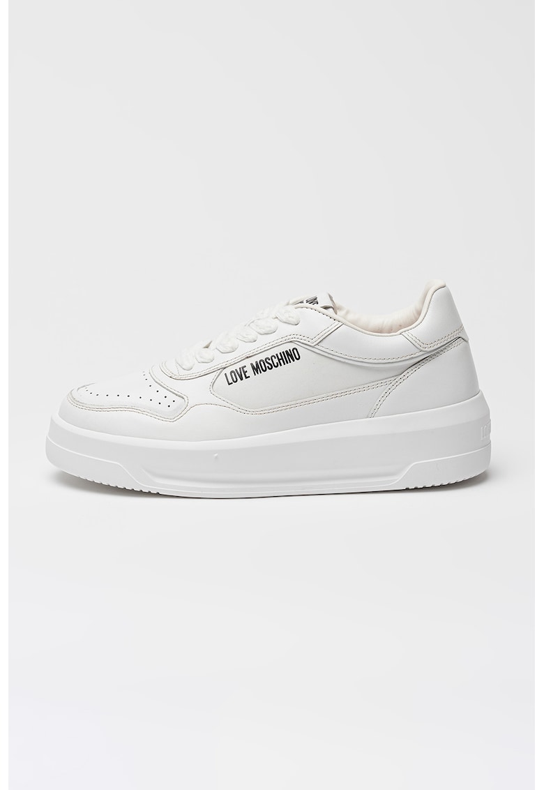 Pantofi sport de piele cu logo si platforma - Negru stins/Alb optic