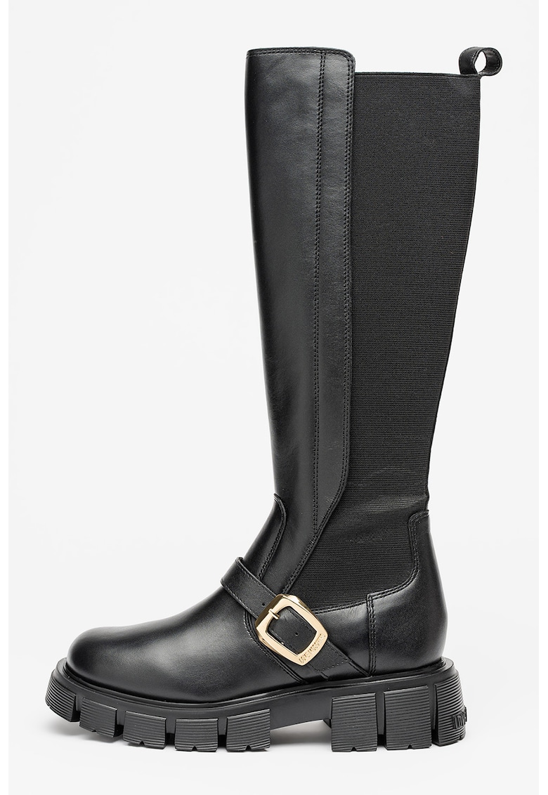 Cizme inalte pana la genunchi din piele cu segmente din material textil
