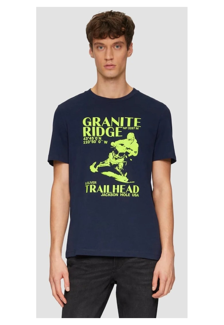 Tricou barbati cu maneca scurta - imprimeu in partea din fata si croiala Regular Fit - Bleumarin inchis -