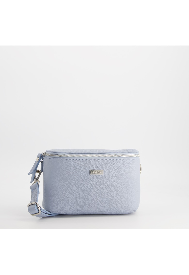 Geanta crossbody piele naturala - albastra - dimensiuni 25x13x5cm - cu elemente metalice argintii.