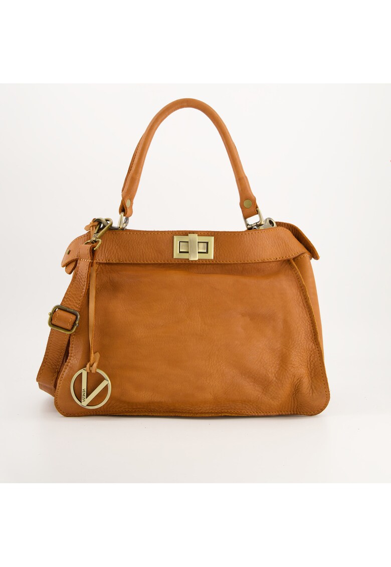 Geanta dama model Crossbody - piele naturala - maro - 35x26x17cm - curea detasabila - 3 buzunare.