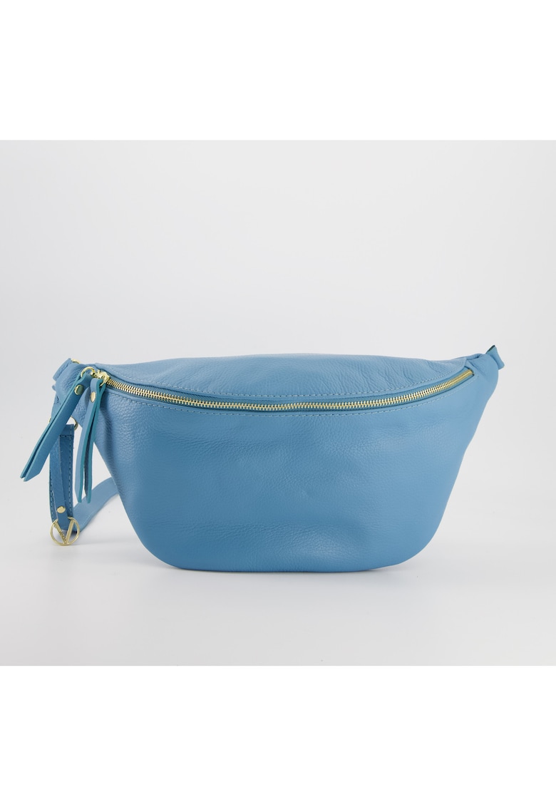 Geanta crossbody piele naturala - albastra - 40x16x1 -5cm - cu un compartiment - curea detasabila.