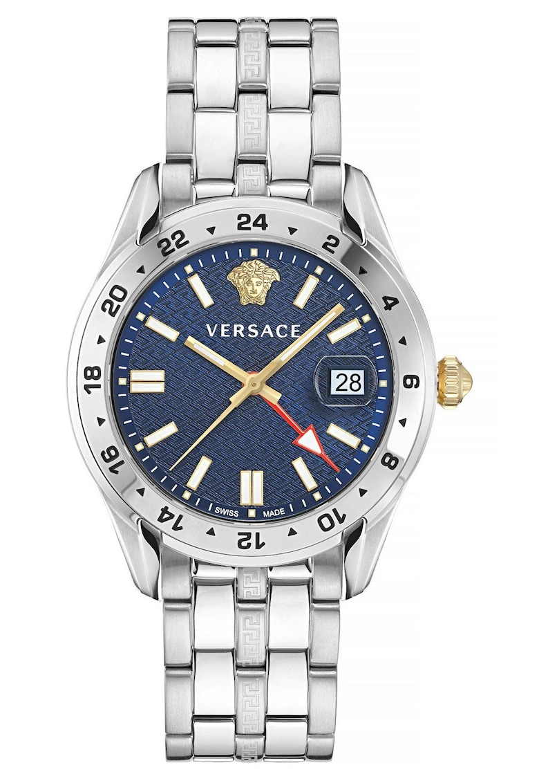Ceas barbati - mecanism quartz Ronda 515.24D GMT - bratara argintie - cadran albastru - 5 ATM