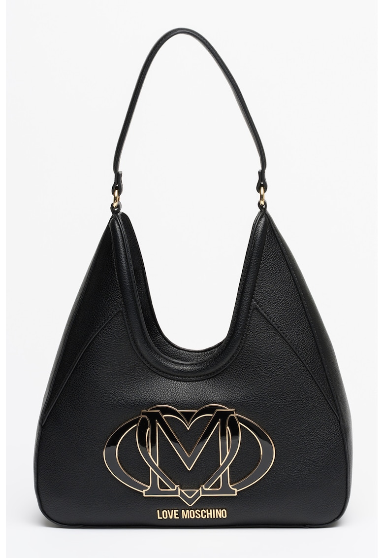 Geanta hobo din piele ecologica cu logo contrastant - Negru