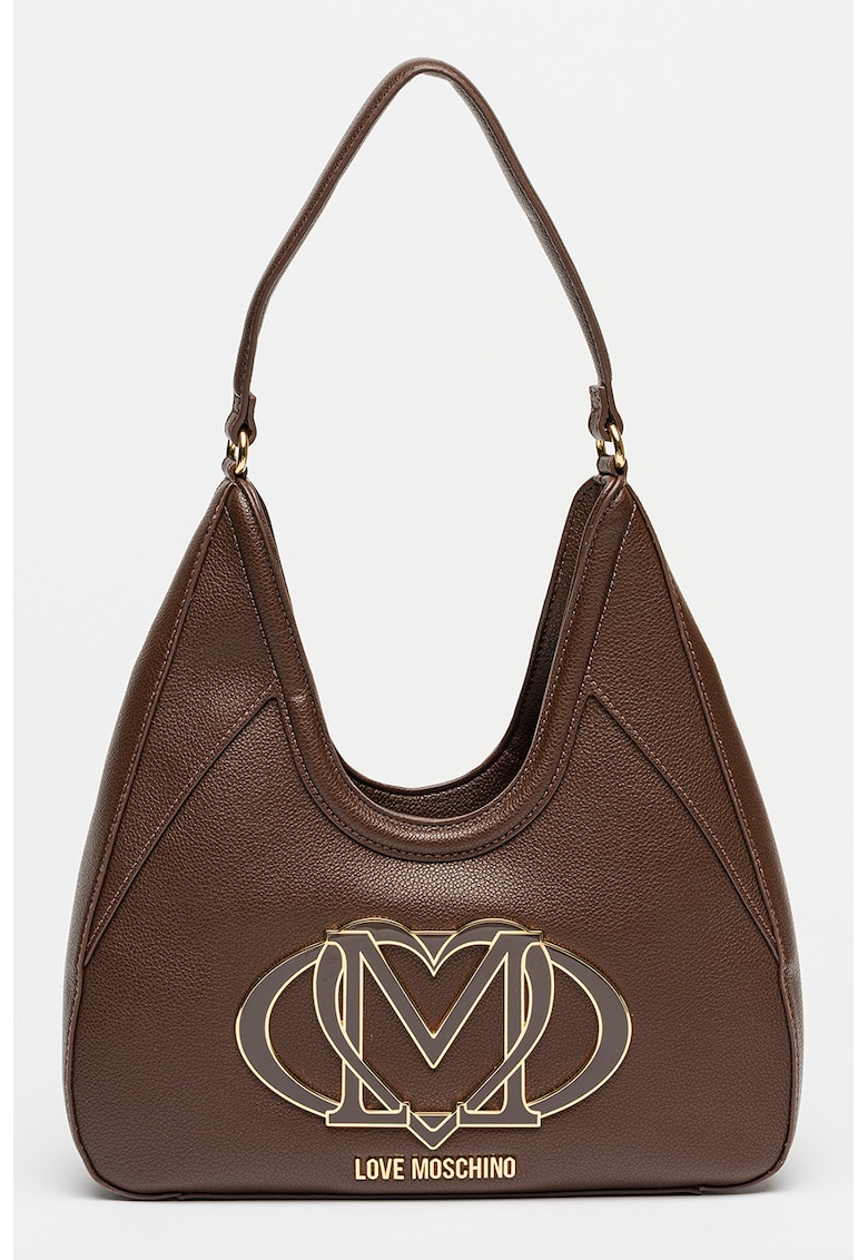 Geanta hobo din piele ecologica cu logo contrastant - Maro inchis