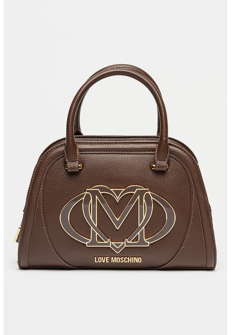 Geanta din piele ecologica cu maner si aplicatie logo supradimensionata - Maro inchis