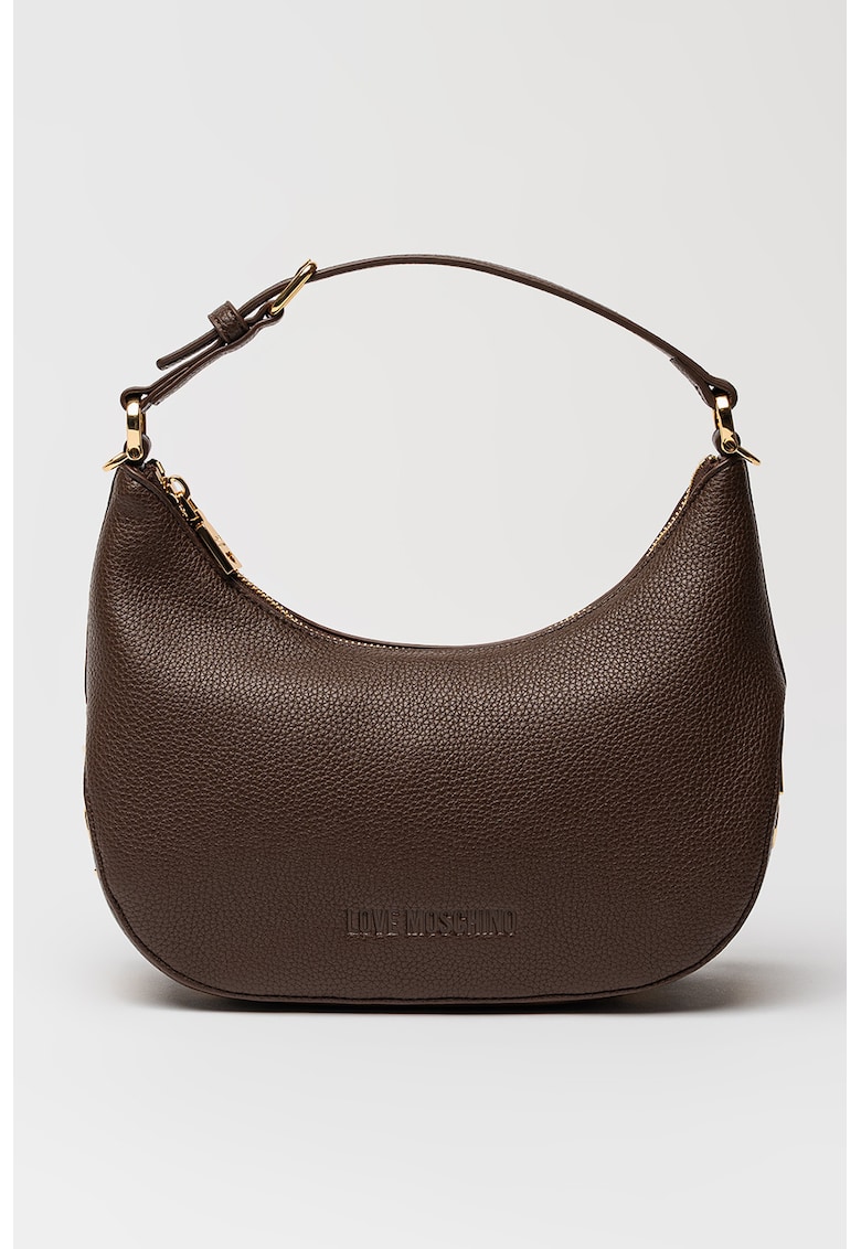 Geanta de piele ecologica cu bareta de umar si logo metalic - Maro inchis