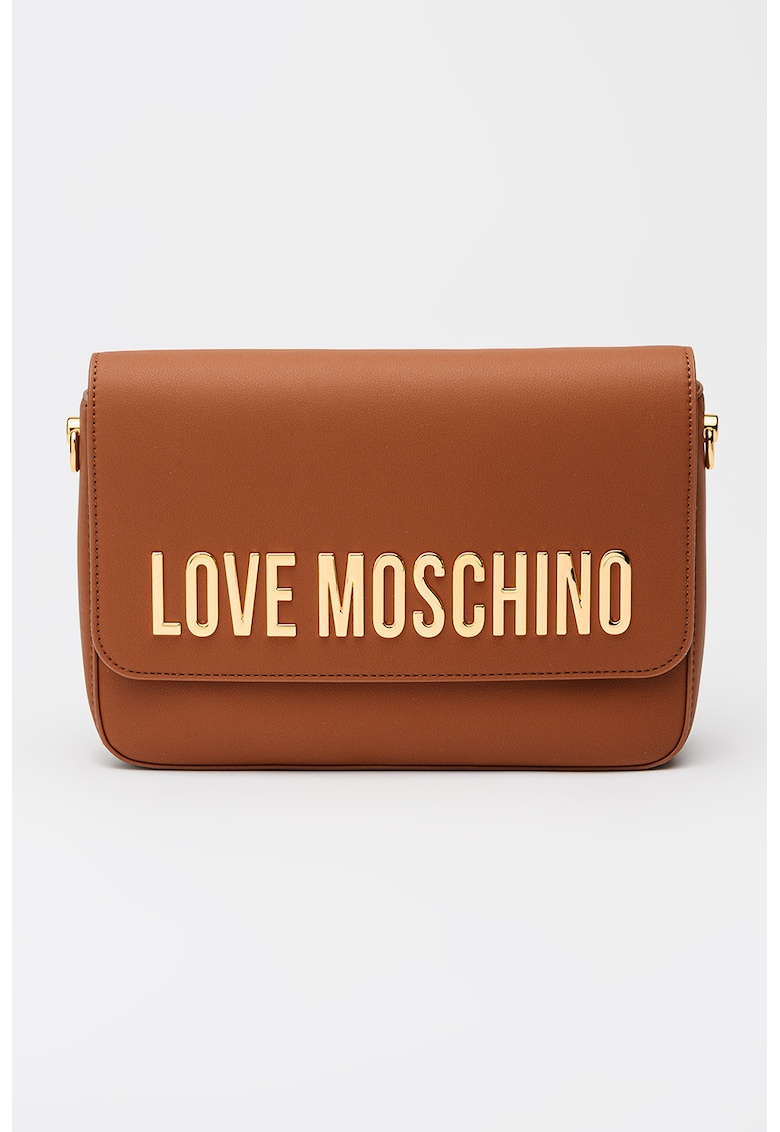 Geanta de piele ecologica cu bareta de umar si logo metalic - Maro scortisoara