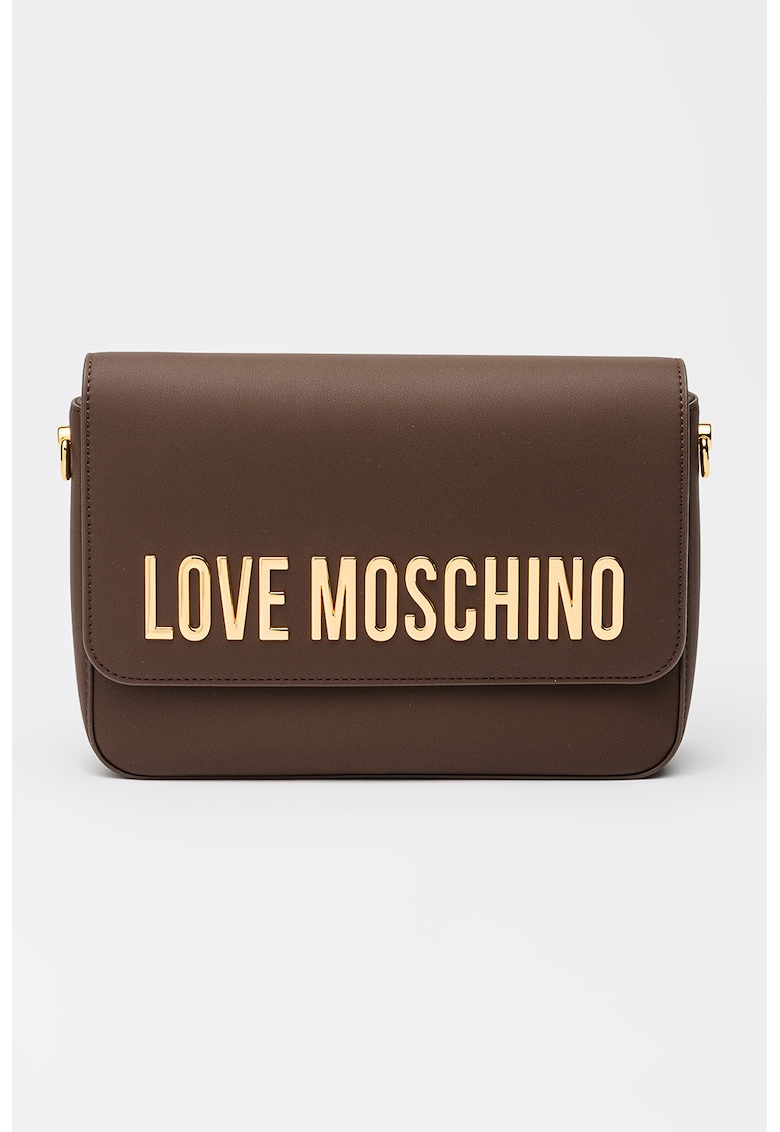 Geanta de piele ecologica cu bareta de umar si logo metalic - Maro inchis