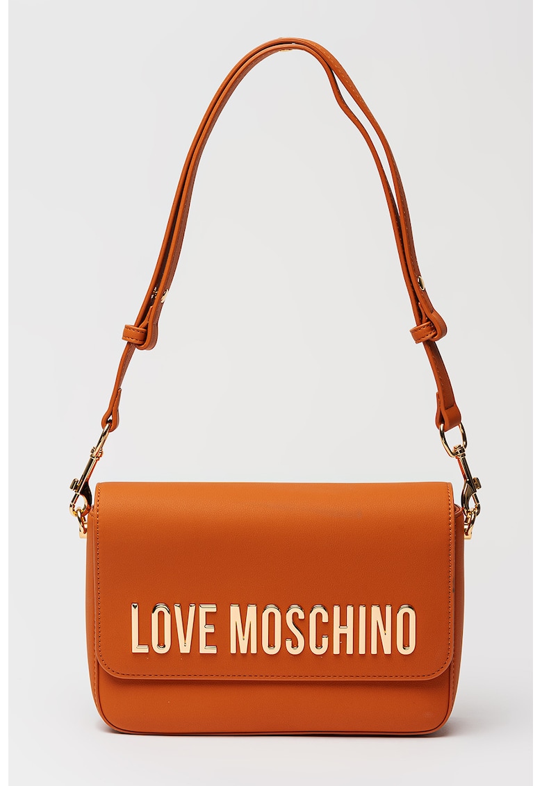 Geanta de piele ecologica cu bareta de umar si logo metalic - Portocaliu persan