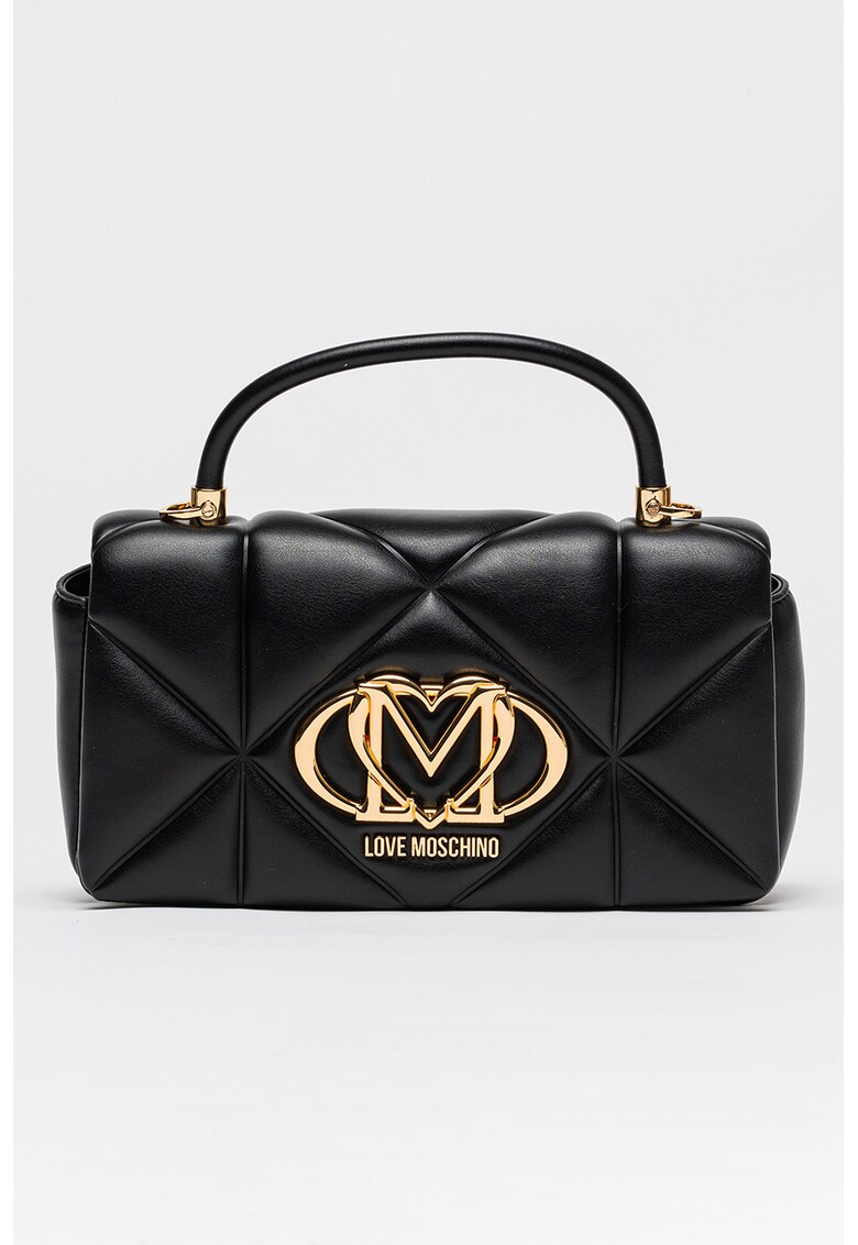 Geanta matlasata de piele ecologica cu maner si logo metalic - Negru