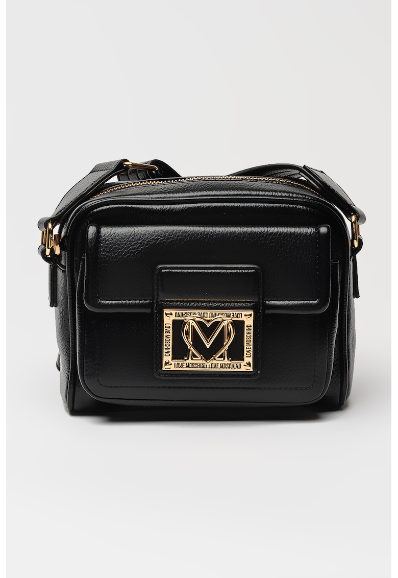 Geanta crossbody de piele ecologica cu buzunar frontal cu clapa - Negru