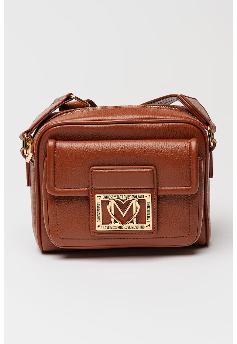 Geanta crossbody de piele ecologica cu buzunar frontal cu clapa - Caramel