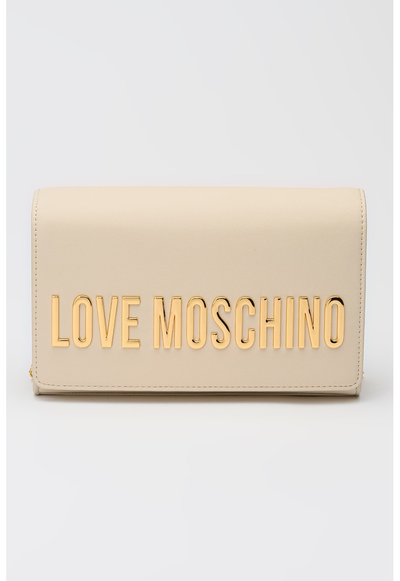 Geanta crossbody de piele ecologica cu bareta din lant si logo metalic - Alb fildes