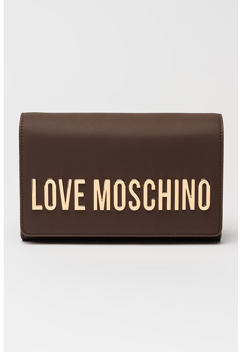 Geanta crossbody de piele ecologica cu bareta din lant si logo metalic - Maro inchis