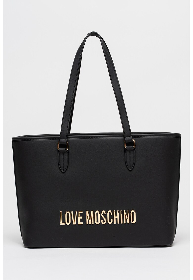 Geanta tote de piele ecologica cu logo metalic - Negru