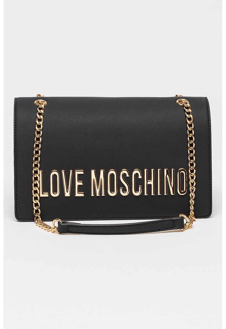 Geanta de piele ecologica cu bareta de umar si logo metalic - Negru