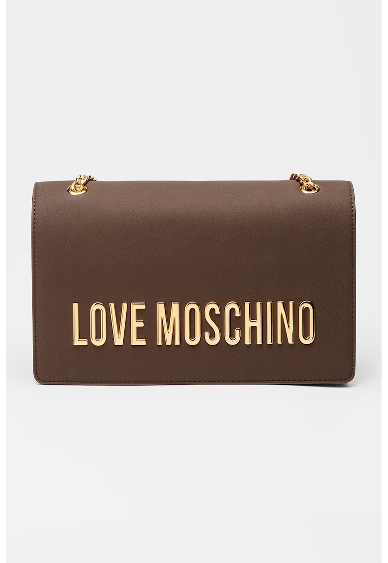 Geanta de piele ecologica cu bareta de umar si logo metalic - Maro inchis