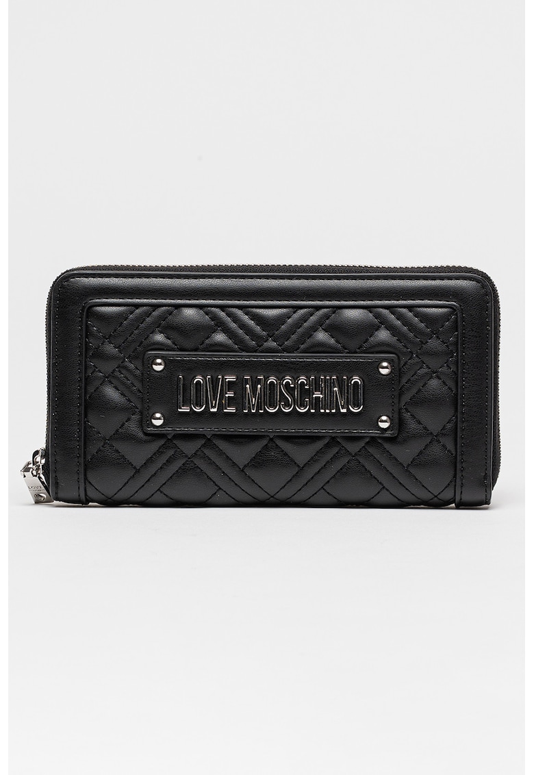 Portofel de piele ecologica cu fermoar si logo metalic - Negru