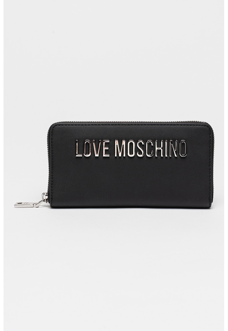 Portofel din piele ecologica cu logo metalic si fermoar - Negru
