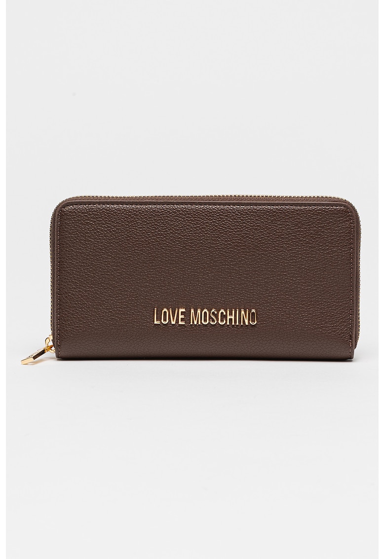 Portofel de piele ecologica cu fermoar si aplicatie logo - Maro