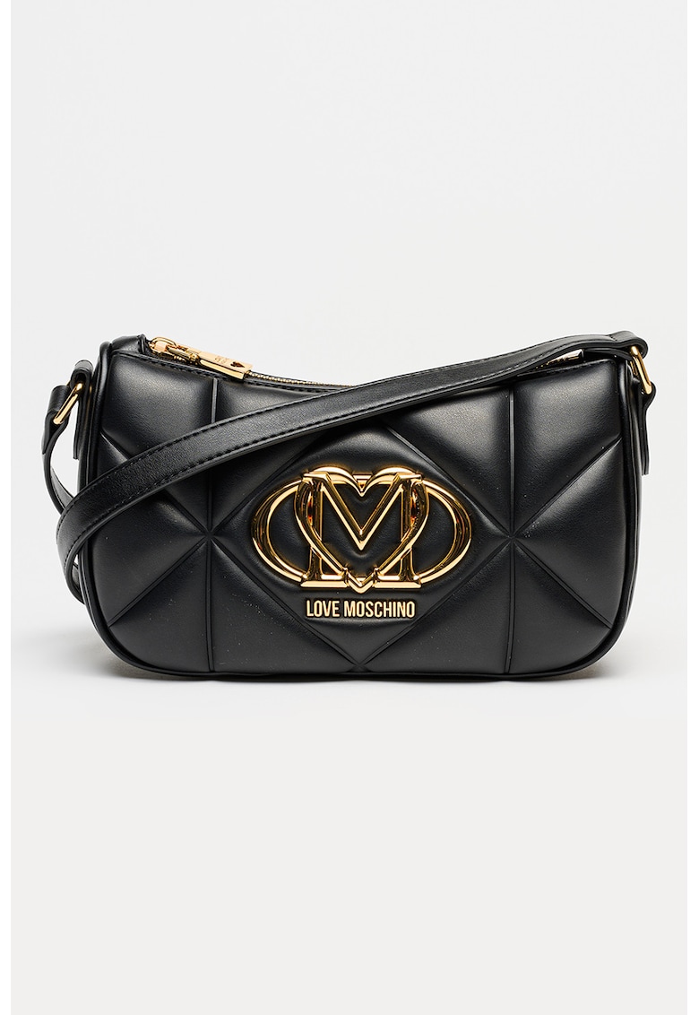 Geanta din piele ecologica cu bareta de umar si logo metalic - Negru