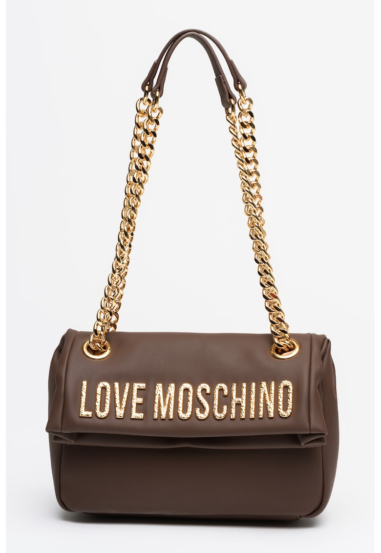 Geanta din piele ecologica cu bareta din lant - Maro inchis