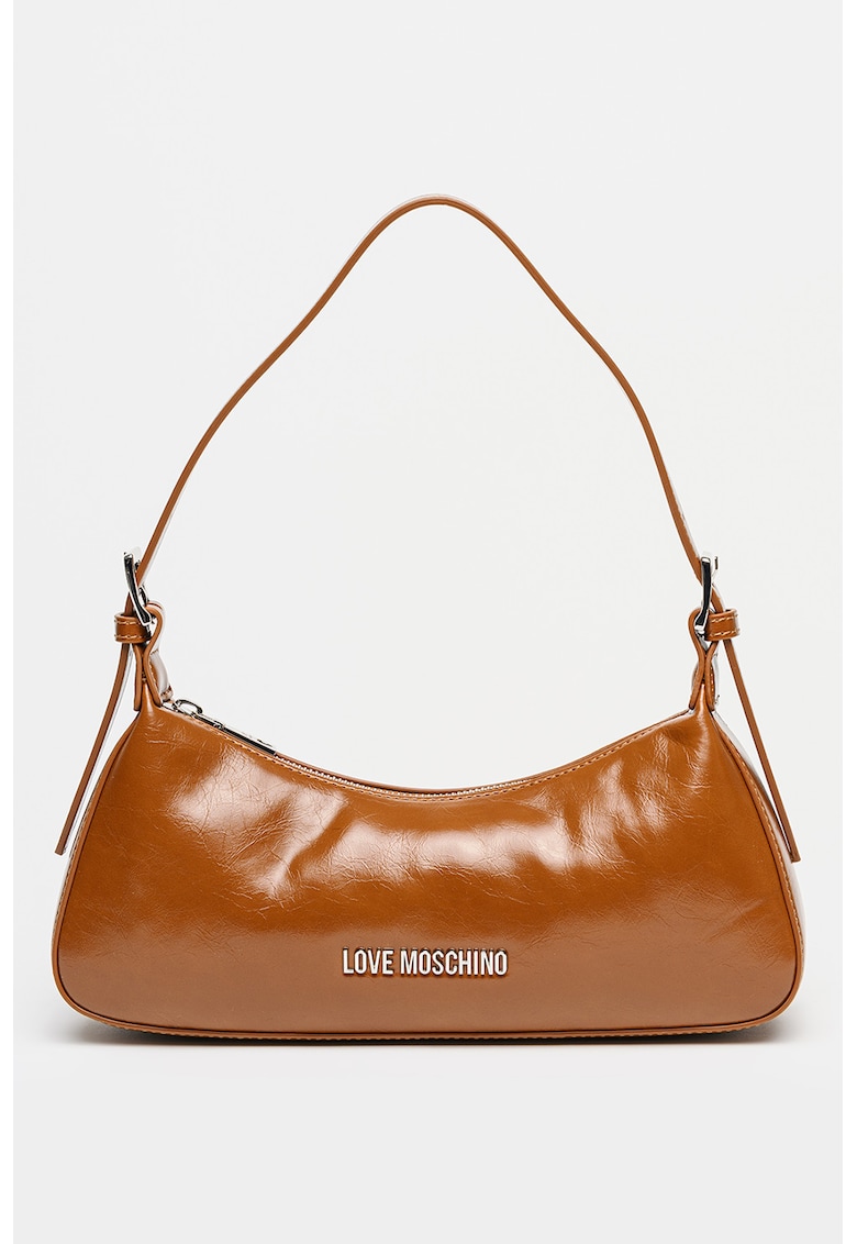 Geanta din piele ecologica cu bareta de umar si logo - Maro scortisoara