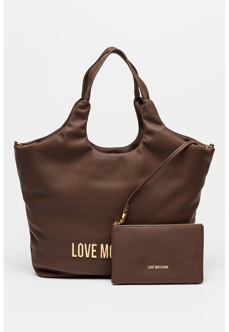 Geanta shopper din piele ecologica cu logo - Maro inchis